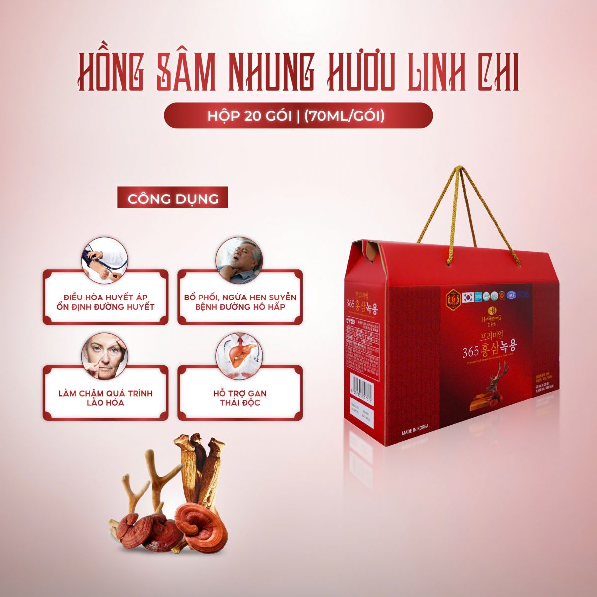 Nước Hồng Sâm Nhung Hươu Linh Chi Hàn Quốc 20 Gói